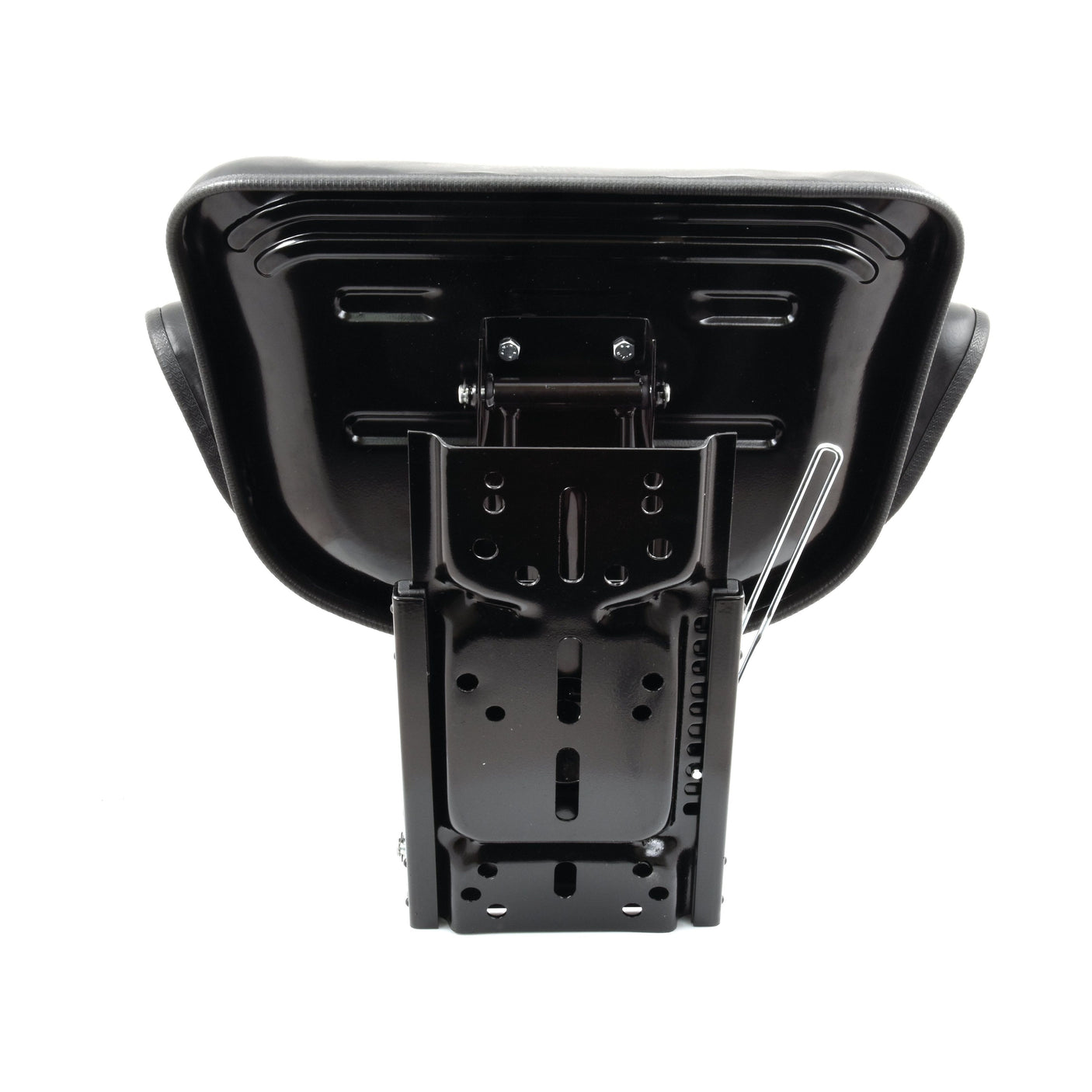 The Sparex Seat Assembly (Sparex Part No. S.71050) features a black car seat bracket with a shiny, metallic finish and multiple mounting holes, viewed from the underside, seamlessly integrating mechanical adjustable suspension seat features.