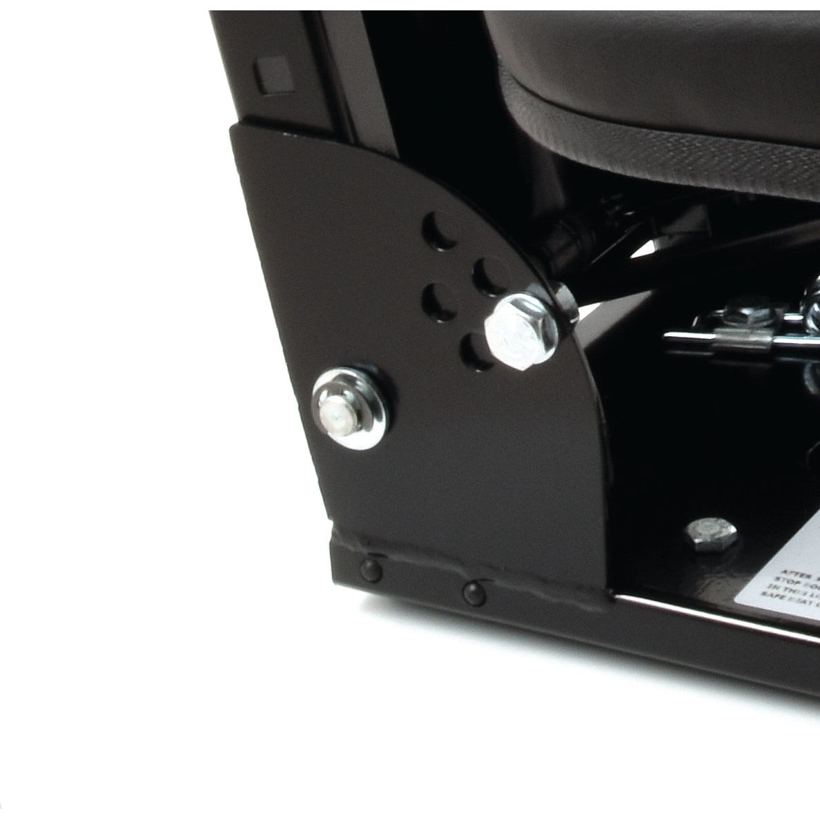 Close-up image of the Sparex Seat Assembly (Sparex Part No.S.71050) with bolts and a portion of a black cushioned seat, showcasing the mechanical adjustable suspension seat that features black vinyl material.