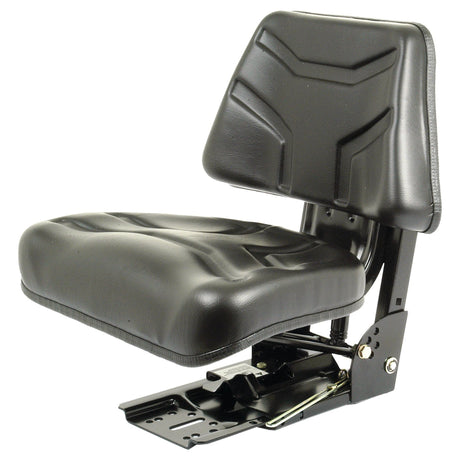 The Sparex Seat Assembly - S.71052, by Sparex, is a black padded seat with a contoured backrest mounted on a metal frame, specifically designed for machinery or vehicle use, and features an adjustable suspension for added comfort.