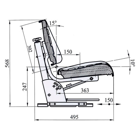 The technical drawing of the Sparex Seat Assembly - S.71052 by Sparex shows a black vinyl seat with various dimensions and angles indicated, including a seat height of 247mm, a backrest angle of 15 degrees, and a base length of 495mm.