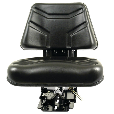 The Sparex Seat Assembly - S.71052 by Sparex features a black, contoured tractor seat with an integrated backrest and a mounting base underneath. This black vinyl seat also includes adjustable suspension to enhance comfort.