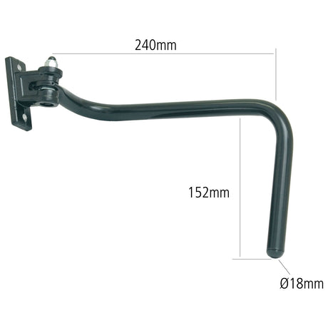 Image of a black metal bracket with dimensions labeled: 240mm length, 152mm height, and 18mm diameter, ideal for use with Sparex Mirror Arm, 300mm, RH - S.71064.