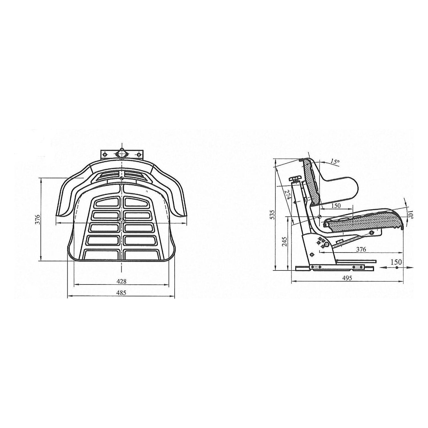 Technical drawing of the Sparex Seat Assembly - S.71071, with dimensions detailed in millimeters. The front and side views display measurements including height, width, depth, and angles. Features a mechanical adjustable suspension seat for enhanced comfort by Sparex.
