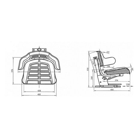 Technical drawing of the Sparex Seat Assembly - S.71071, with dimensions detailed in millimeters. The front and side views display measurements including height, width, depth, and angles. Features a mechanical adjustable suspension seat for enhanced comfort by Sparex.