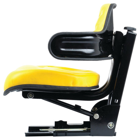 Side view of the Sparex Seat Assembly - S.71071, featuring a yellow vinyl cushion with armrests, mounted on a black metal frame.