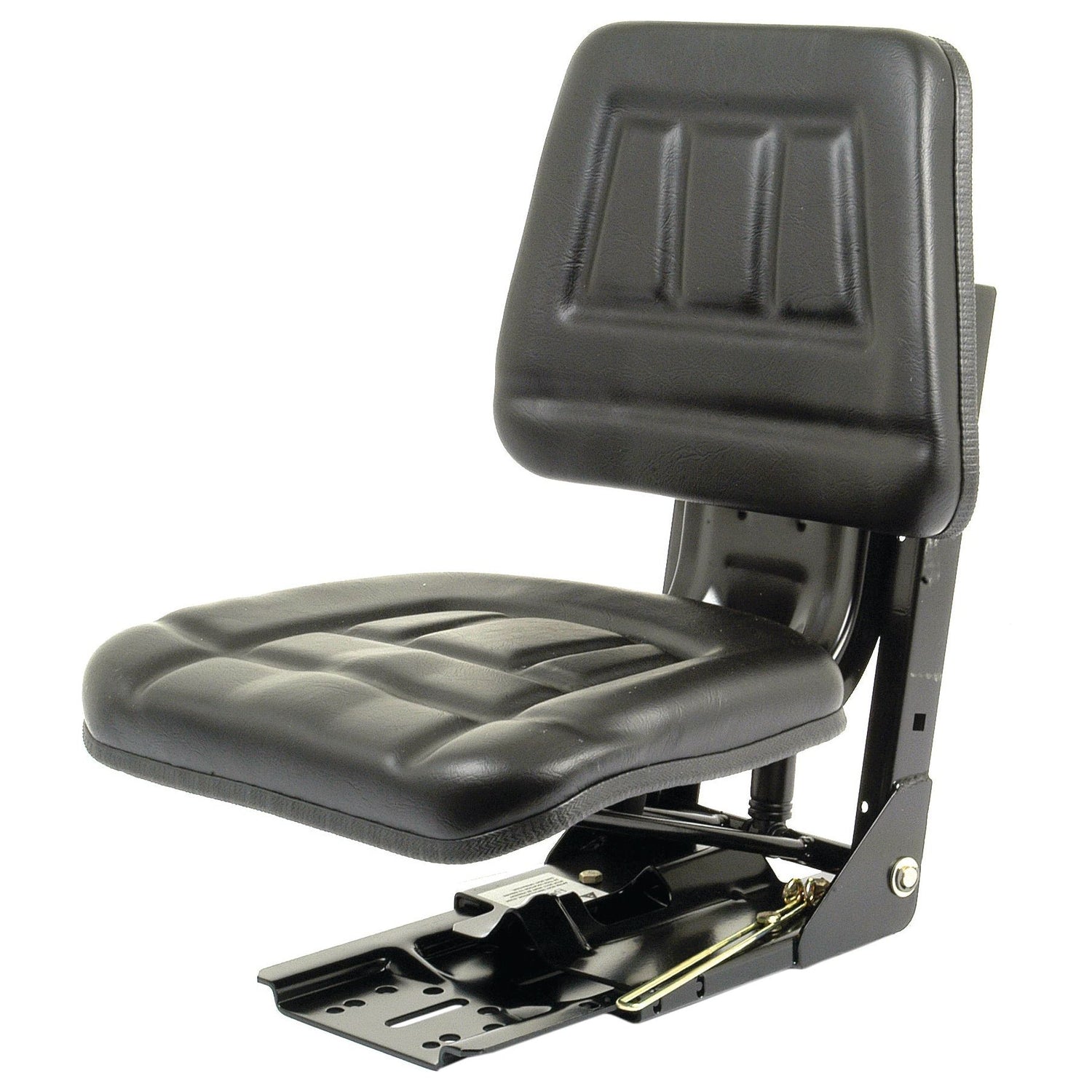 The Sparex Seat Assembly (Sparex Part No.S.71072) by Sparex is a black vinyl, cushioned seat with a backrest and metal mounting bracket, featuring mechanical adjustable suspension for optimal comfort in machinery or vehicle use.