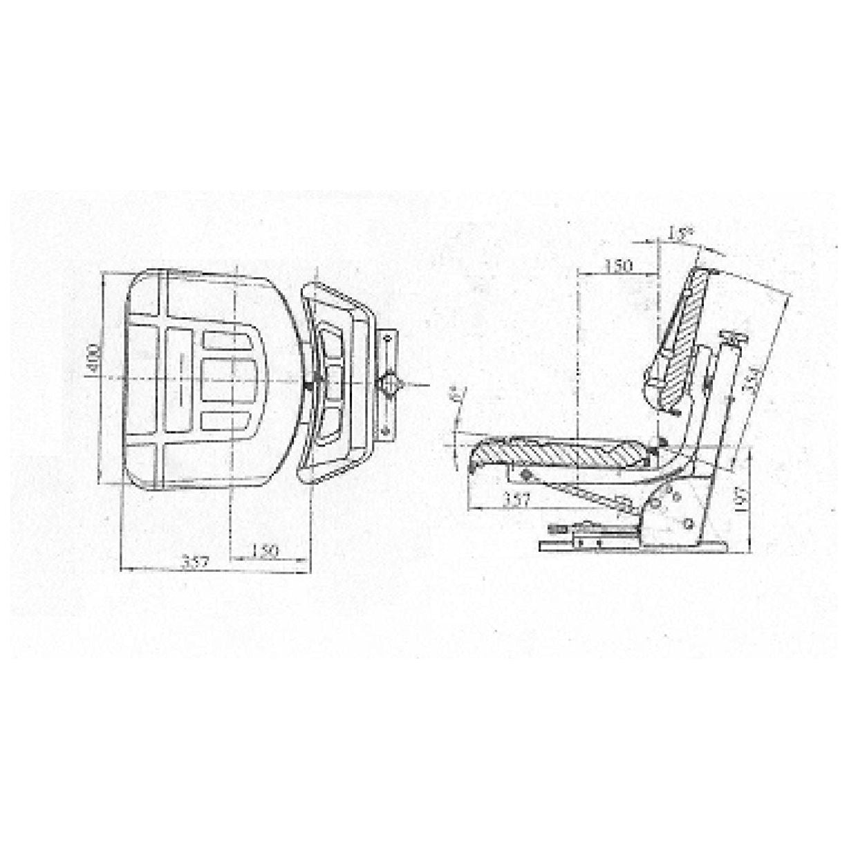 Technical drawing of the Sparex Seat Assembly (Sparex Part No. S.71072) with measurements. The side view shows dimensions of 450mm for the seat height and various other detailed measurements. The front view also displays the black vinyl seat with dimensions and weight adjustment features.