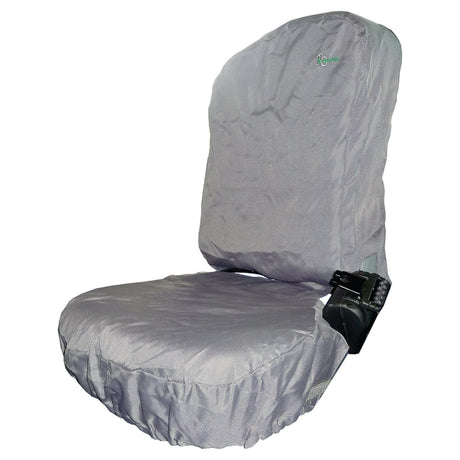 The Sparex Passenger Seat Cover - Tractor & Plant - Universal Fit | Sparex Part No. S.71077 is a gray car seat cover with a simple design and fitted covering, featuring a small logo near the top. This universal fit cover is also waterproof, making it ideal for any passenger seat.