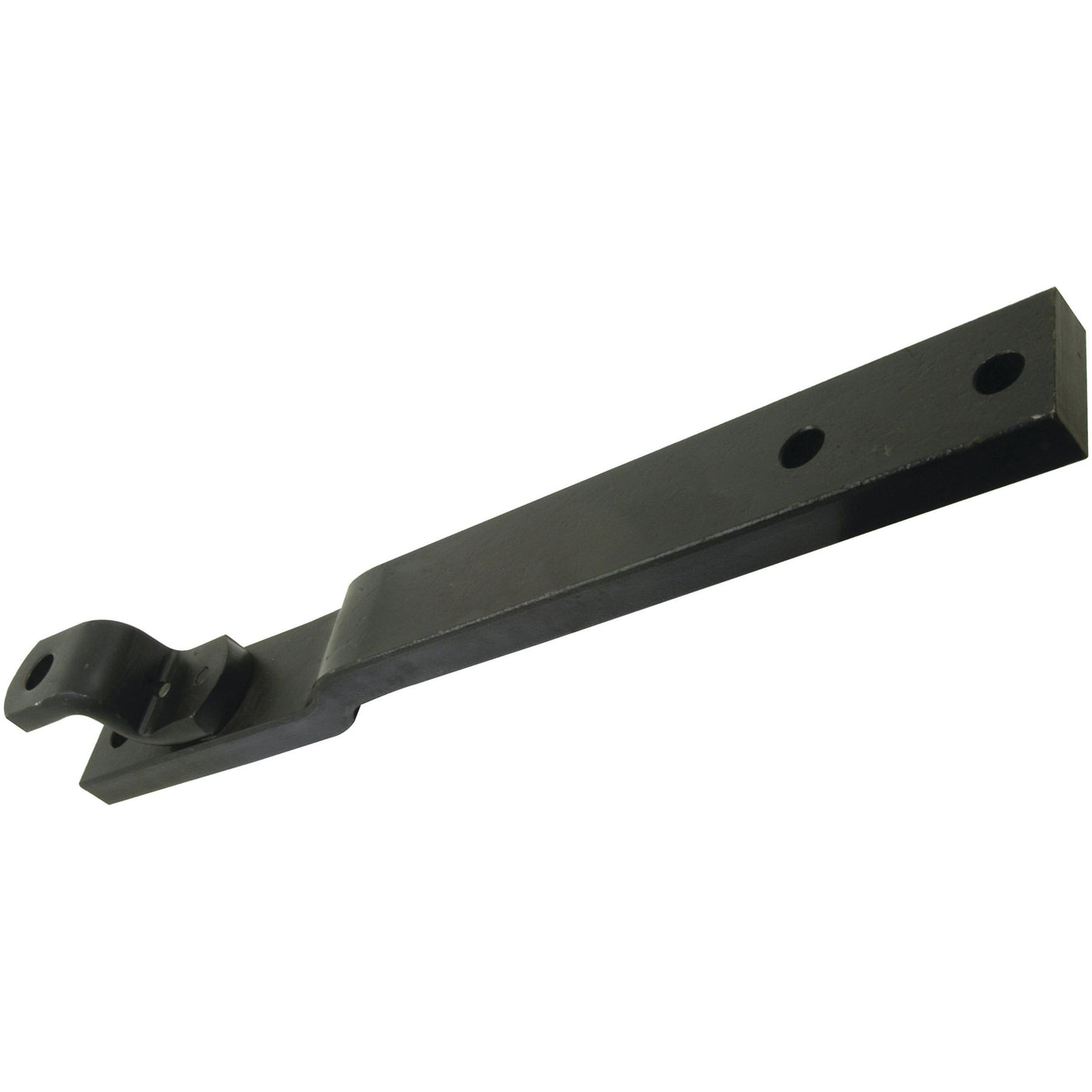 The Sparex Swinging Drawbar with Clevis (S.71126) is a long, metallic black bracket, measuring 845mm in overall length and 35x90mm in section, featuring two holes on one end and a hook-like clevis on the other, ideal for Massey Ferguson tractors.