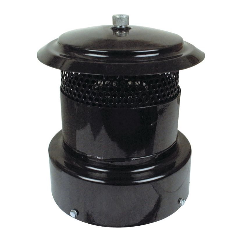 Image of a black metal Pre Cleaner Assembly - Turbo by Sparex, with a cylindrical shape and mesh sides, designed to protect the chimney from debris and water. Integrated with Spur Inlet technology, this cap ensures maximum efficiency while safeguarding your home.