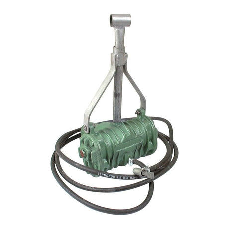 A green metal hand pump with a coiled black hose attached, ideal for pressure or fluid transfer, equipped with the Sparex PTO Air Compressor - Twin Cylinder (Sparex Part No.S.71184) featuring a maximum RPM of 540, against a white background.