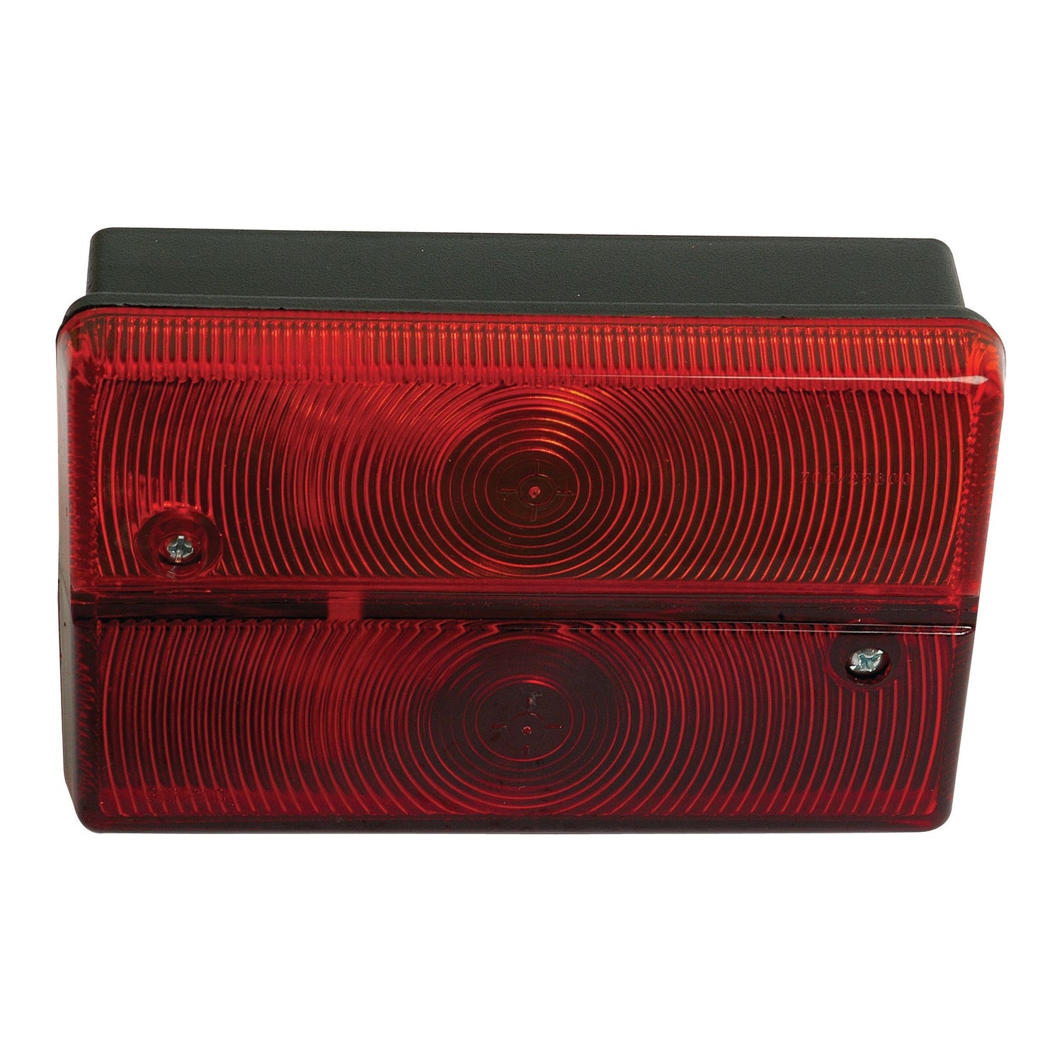 A red rectangular Sparex Rear Combination Light, featuring circular patterns, encased in black and equipped with a halogen bulb, has two small screws on its front.