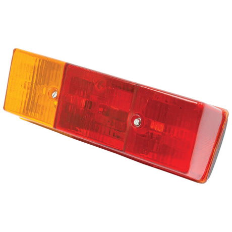 Close-up of the Sparex Rear Combination Light, RH - S.71198, a rectangular, E Approved vehicle tail light featuring two red sections and one amber section, designed for 12V systems. Two screws are visible in the center area for easy access to replacement bulbs.