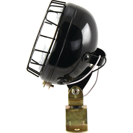 Side view of the Sparex Work Light (Halogen), Round, RH & LH, 12V - S.71199, showcasing its black exterior with a protective grid and mounted on a gold-colored bracket, featuring durable metal housing.