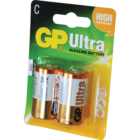 Packaged as "High Performance," the green and orange Sparex S.71208 pack contains two GP Ultra C-size 1.5V alkaline batteries, with a clear front showcasing the MN1400/LR14 batteries.