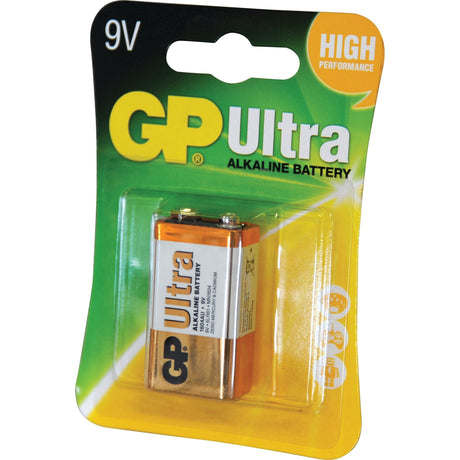 A Sparex GP Ultra 9V alkaline battery, model MN1604/6LR61/9 VOLT/6AM6 (Pk of 1 pc.), in its packaging with a yellow and green design labeled "High Performance," and referenced by Sparex Part No. S.71210.