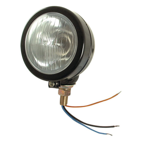 Introducing the Sparex Head Light (Halogen), RH & LH, Straight, 12V - S.71217: A robust black circular headlight encased in a metal housing, with exposed wiring featuring blue, black, and orange wires at the bottom.