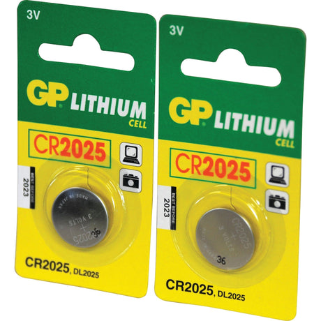 Two Sparex CR2025 3V batteries (Pack of 2 pcs.), Part No. S.71232, ideal for watches, calculators, and cameras, in green and yellow packaging.