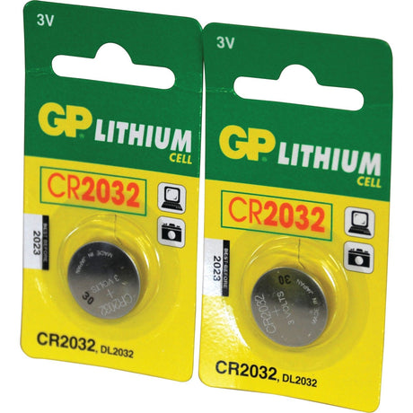 Two packages of Battery - CR2032 (Pk of 2 pcs.) | Sparex Part No.S.71233, each providing 3V. The green and yellow Sparex packaging features icons indicating use for watches, calculators, and other electronics.
