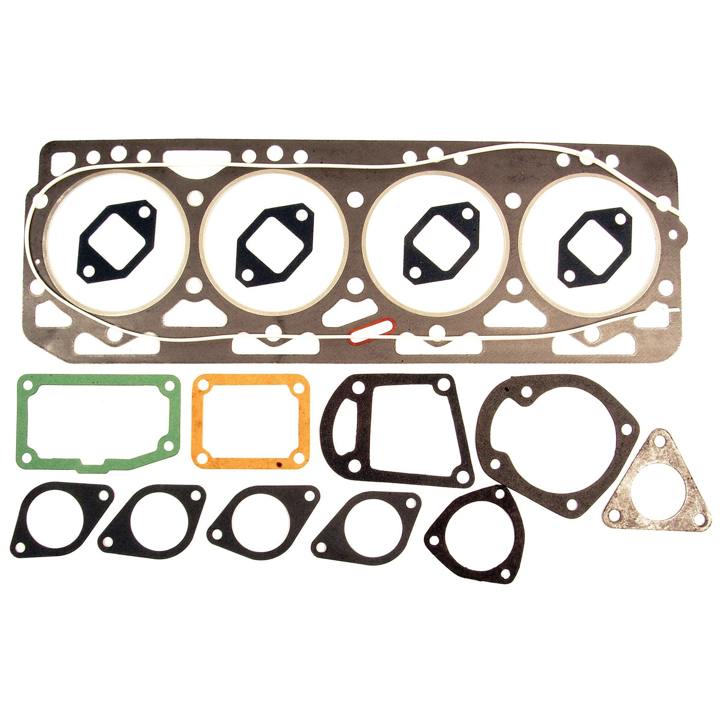 A meticulously arranged collection of various automotive engine gaskets, including a 4 Cyl. head gasket, manifold gaskets, and other sealing components from the Sparex Top Gasket Set (4.039D, 4.039T, 4.045D, 4.045T, 4.219D, 4.239D, 4.239T) | Sparex Part No.S.71290 is displayed on a white background.
