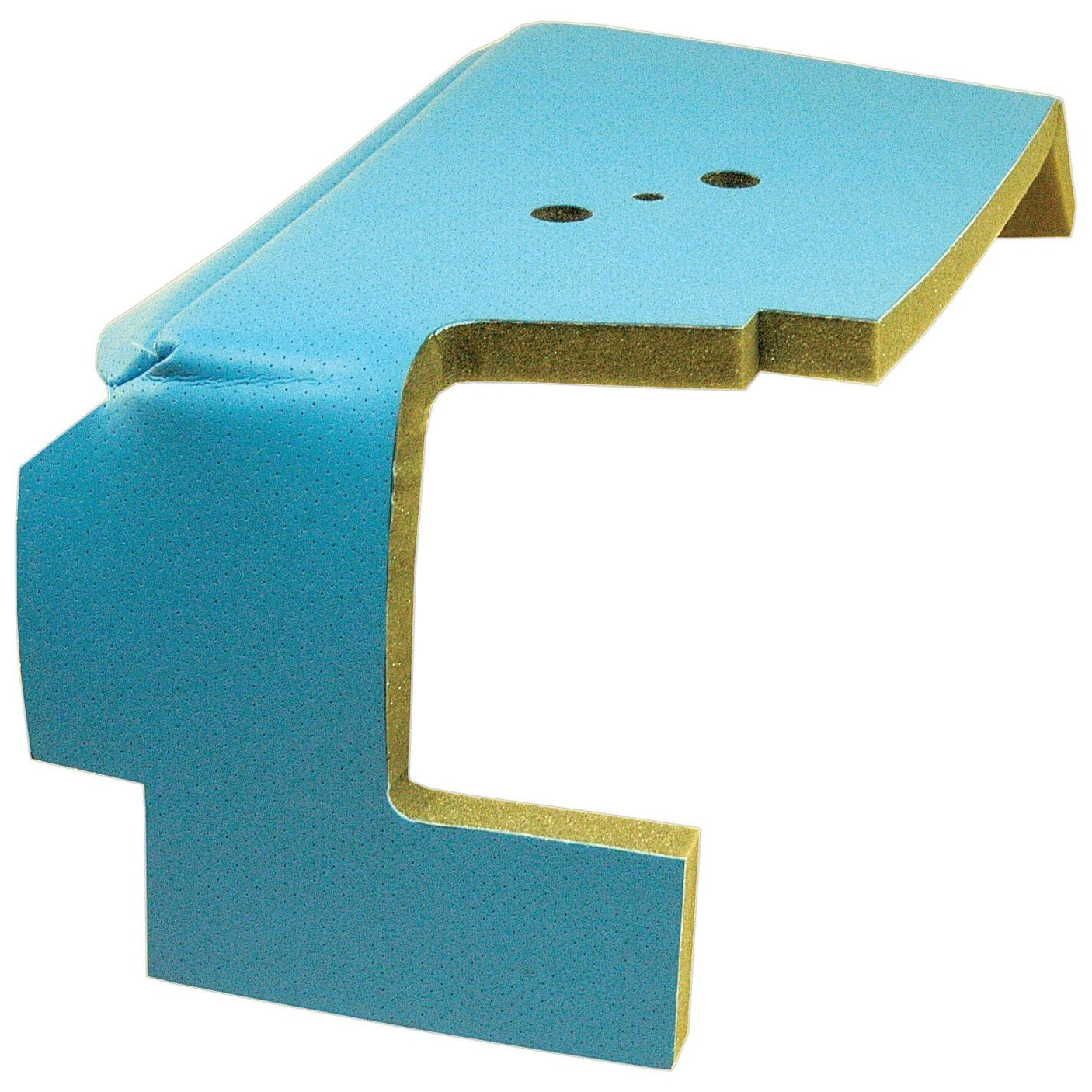 A blue and beige foam packaging insert with cutouts, designed to protect and secure the Sparex Underseat Panel Trim LH (Sparex Part No.S.71355) within a box, perfect for parts of the New Holland 6610 or Ford 10 Series.