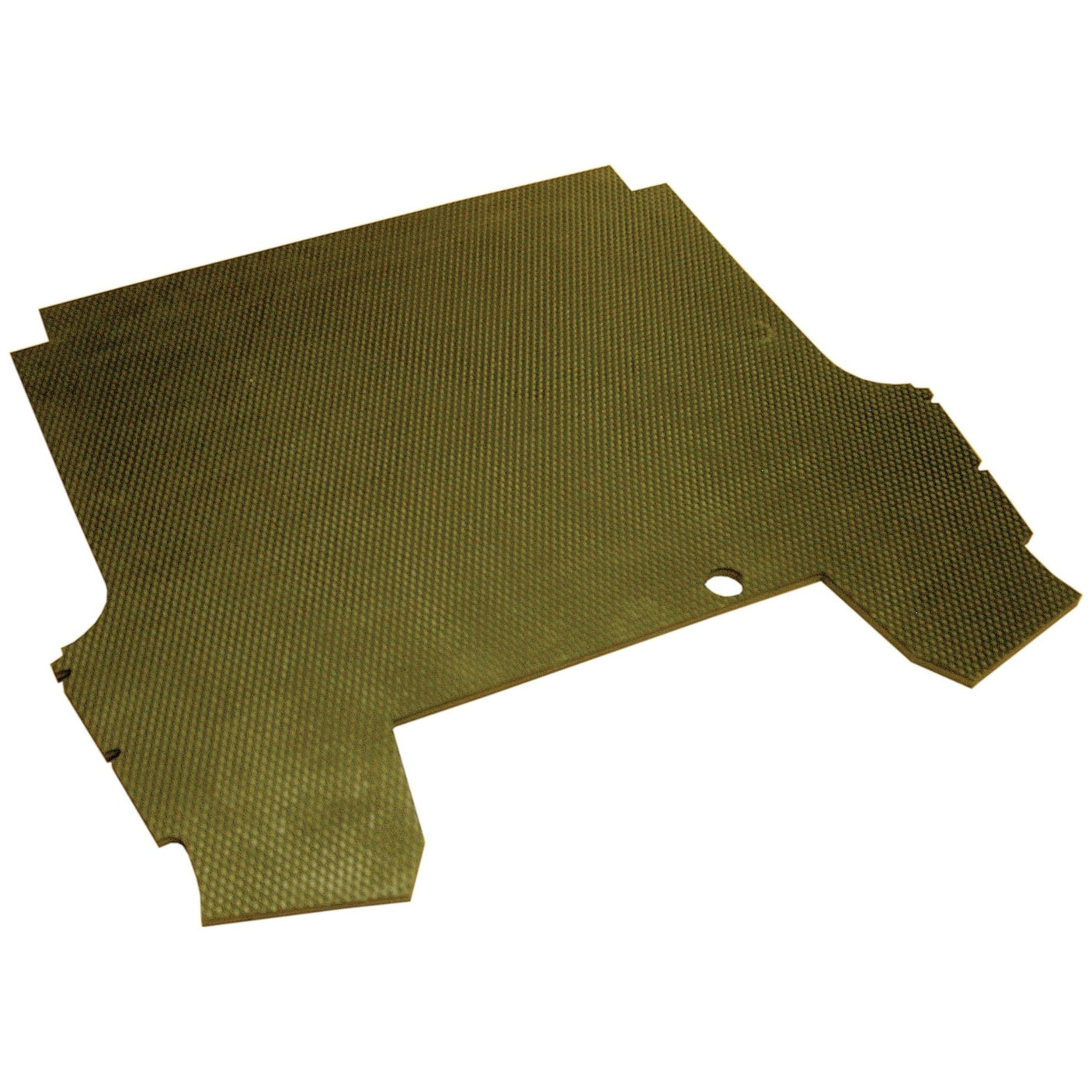 The Floor Matting (Sparex Part No. S.71366) by Sparex is a flat, rectangular piece of textured material featuring cut-out sections and a small hole near the middle, and it is compatible with Ford New Holland tractor parts.