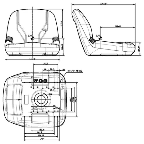 Technical drawing of the Sparex Seat Assembly - S.71367 for a JD Gator with front, side, and bottom views. Various dimensions and specifications are labeled in millimeters.