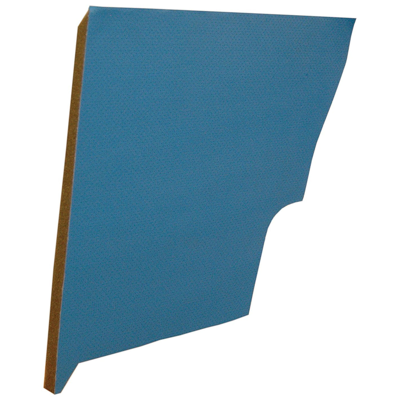 A blue, irregularly shaped piece of material with a notch cut out from one side, resembling the Sparex Side Trim Panel RH 1 Door (Sparex Part No. S.71370) used in Ford New Holland tractors, displays a cross-section revealing a brown inner layer.