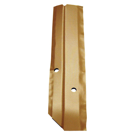 A metallic gold-colored piece with two holes and an angular shape, featuring a central ridge, ideal for use as Rear Panel Trim for John Deere equipment, the Front Rear Panel Trim RH | Sparex Part No.S.71403 from the brand Sparex.