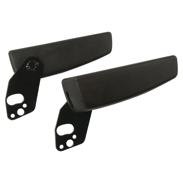 Two black Sparex Armrests (Part No. S.71648), featuring mounting brackets, are placed side by side on a white background. Each armrest aligns with OEM part numbers and can be identified under Tariff Code 9401999090, making them ideal for seamlessly matching up with existing components.