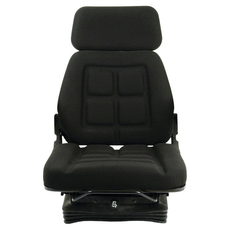 The Sparex Seat Assembly - S.71649, a black cushioned ergonomic seat with headrest and adjustable mechanisms, featuring a 24V air suspension system, viewed from the front.