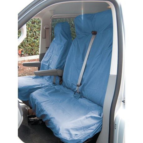 Two front car seats inside a vehicle are covered with the Sparex Double Passenger Seat Cover - Van - Universal Fit - S.71712, made of washable blue protective fabric.