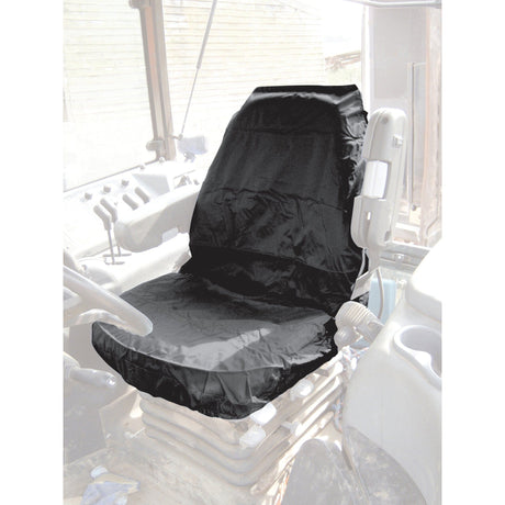 A Sparex Deluxe Seat Cover - Tractor & Plant (S.71828), in black and waterproof, fitted over a driver's seat in a vehicle interior.