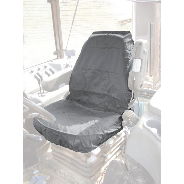 A Deluxe Seat Cover (Sparex Part No. S.71831) from Sparex, fitted onto a driver's seat inside a vehicle, showcases visible dashboard elements in the background and highlights its universal fit and waterproof protection.