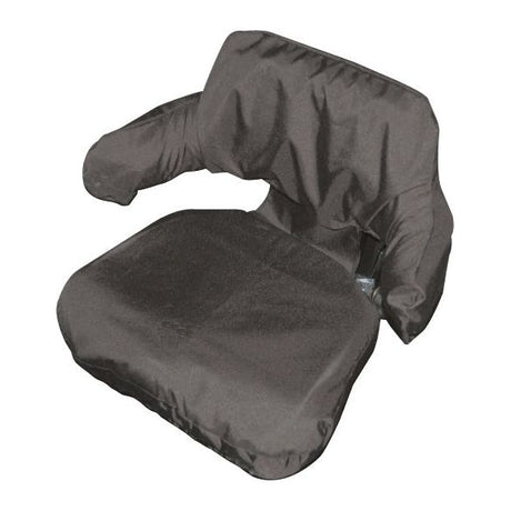 The Wraparound Seat Cover - Tractor & Plant by Sparex (Part No. S.71887), featuring a black padded seat and backrest with armrests and covered in a dark fabric, offers a universal fit for various tractor models.