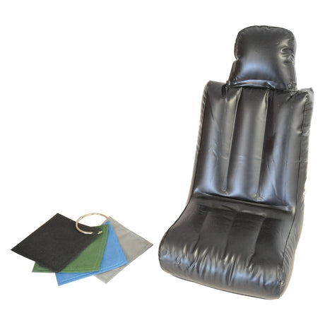 On the right, there is a black Mini Inflatable Seat from Sparex (Part No. S.71892), which is easy to install and comes with a headrest, while on the left, you'll find five washable color sample swatches attached to a keyring.