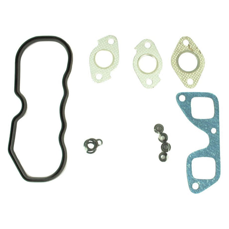 The Sparex Top Gasket Set - 2 Cyl. (Sparex Part No. S.71903) includes a variety of gaskets and seals in different shapes, such as a black O-ring, three white gaskets with circular cutouts, a blue gasket, and small round seals. This premium set is compatible with Kubota engines and features essential components like cylinder gaskets to ensure optimal performance.