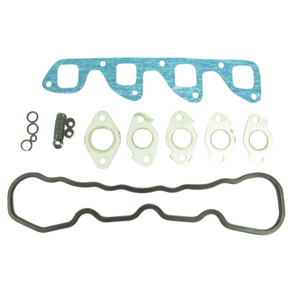 The Sparex Top Gasket Set (Sparex Part No.S.71905) for 4-cylinder engines, compatible with models 4.039D, 4.039T, 4.045D, 4.045T, 4.219D, 4.239D and 4.239T, includes an elongated black gasket, multiple smaller gray gaskets, a blue multi-port gasket, small rings and a small cylindrical component; an ideal choice for the Kubota L2600.
