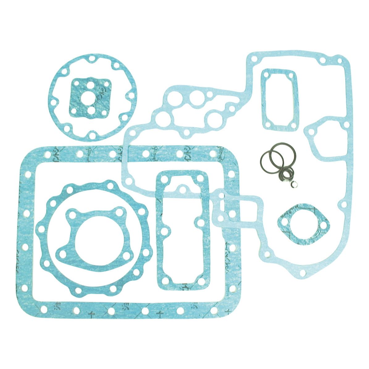 A Sparex Bottom Gasket Set - 3 Cyl. (Sparex Part No. S.71907) featuring a variety of blue-green gaskets and seals for 3-cylinder engines, meticulously arranged against a white background.