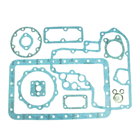 A Bottom Gasket Set - 3 Cyl. (Sparex Part No. S.71908) by Sparex, showcasing blue-green gaskets in diverse shapes and sizes, neatly arranged on a white background. Perfect for models such as Kubota L2600 and Kubota L285.