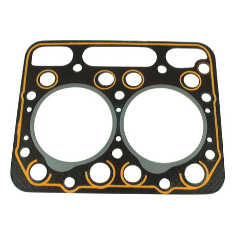 A Sparex Head Gasket - 2 Cyl. (Sparex Part No.S.71914) with multiple holes and two large openings for the 2-cylinder chambers, featuring a sleek black and orange design.