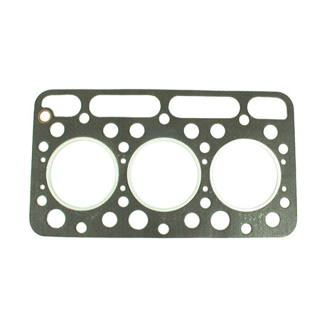 Introducing the Sparex Head Gasket - 3 Cyl. (Part No.S.71918), a rectangular metal gasket designed with multiple circular and oval openings of varying sizes, perfect for a 3-cylinder Kubota engine.