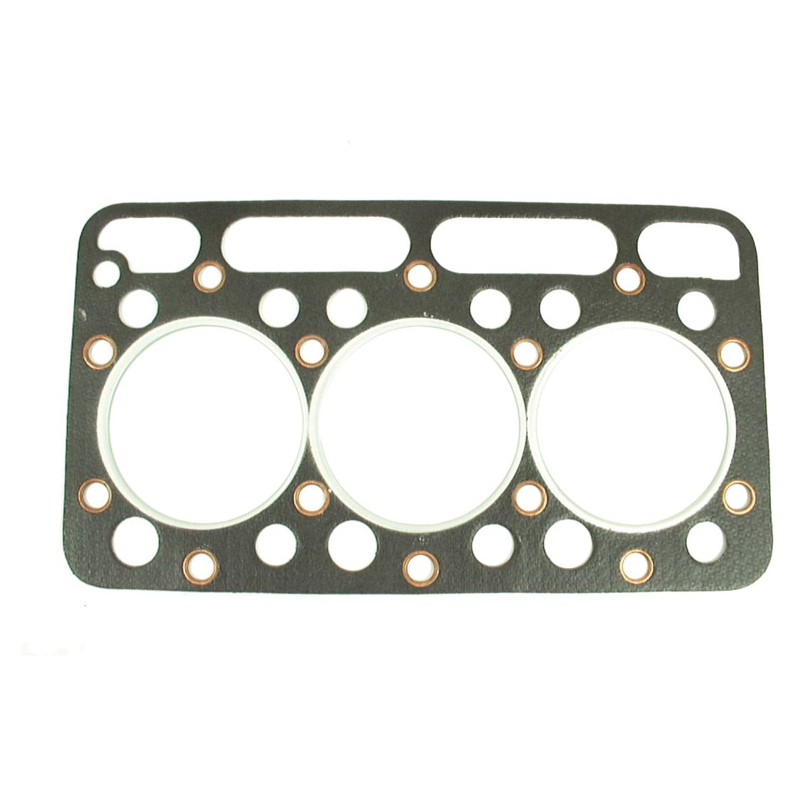 The Sparex Head Gasket - 3 Cyl. (Part No.S.71919) is a rectangular metal gasket designed specifically for the Kubota L175. It features three large circular openings suitable for a 3-cylinder engine, along with several smaller holes around the edges.