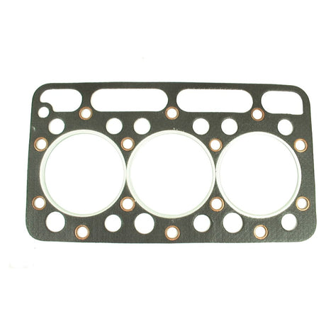 The Sparex Head Gasket - 3 Cyl. (Part No.S.71919) is a rectangular metal gasket designed specifically for the Kubota L175. It features three large circular openings suitable for a 3-cylinder engine, along with several smaller holes around the edges.