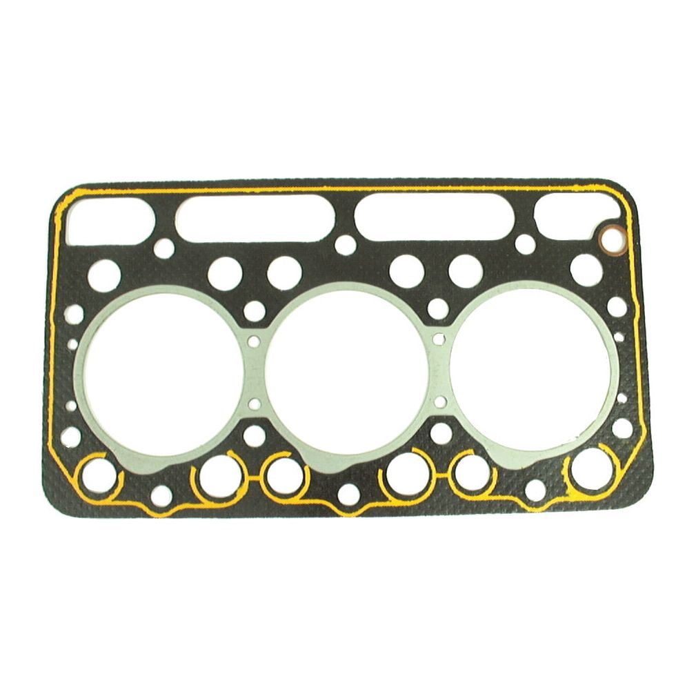 The Sparex Head Gasket - 3 Cyl. (Part No. S.71921) is designed specifically for a Kubota 3-cylinder engine, featuring three large circular openings and multiple smaller holes, with a black, gray, and yellow color scheme.