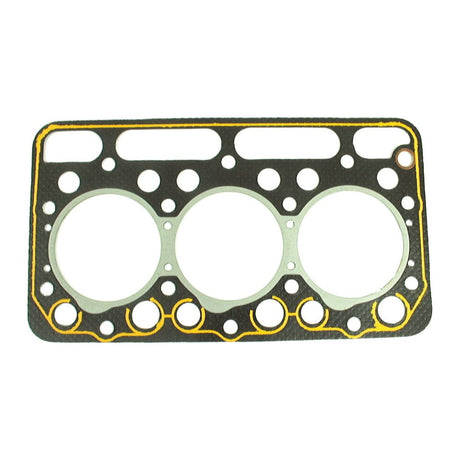 The Sparex Head Gasket - 3 Cyl. (Part No. S.71921) is designed specifically for a Kubota 3-cylinder engine, featuring three large circular openings and multiple smaller holes, with a black, gray, and yellow color scheme.