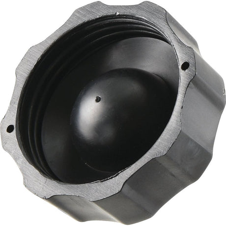 Close-up view of the Sparex Fuel Cap - S.71932, a black plastic threaded cap with a vented design, featuring a ribbed outer grip for easy twisting and an interior capable of achieving an excellent seal O.D.