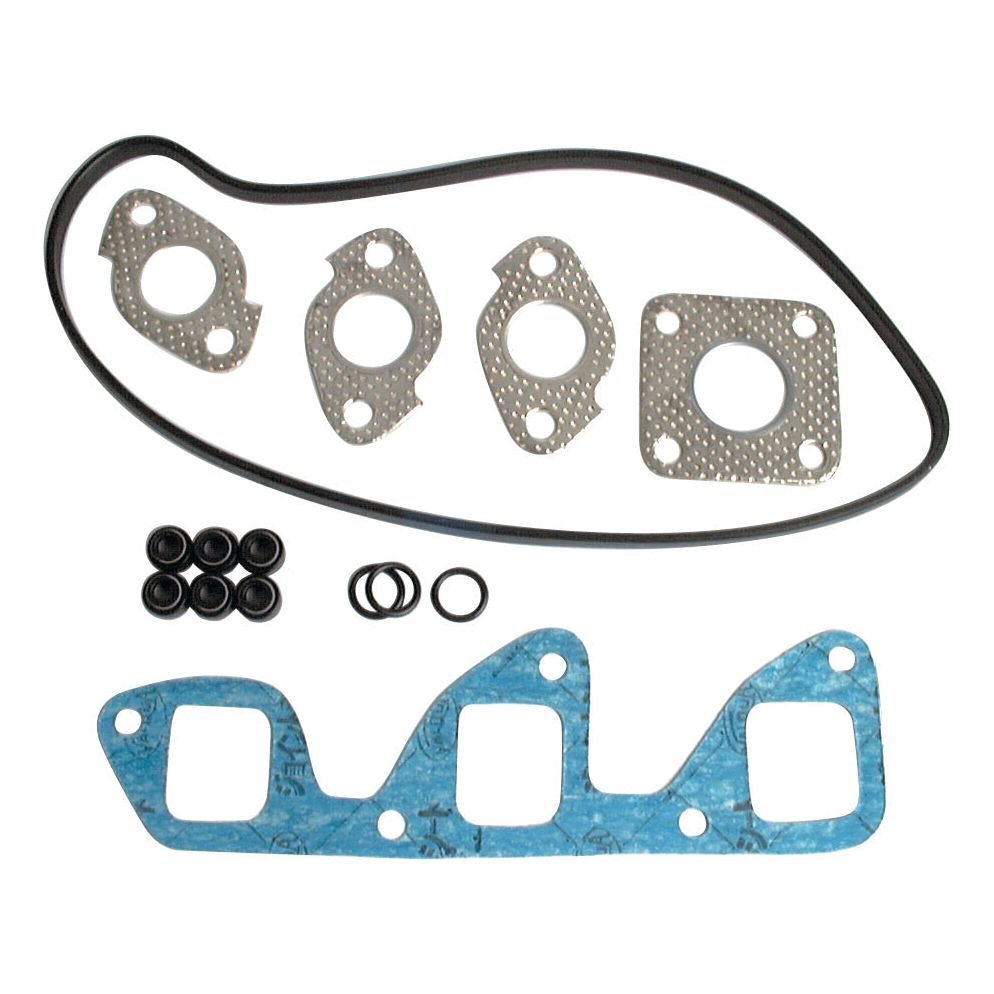 The Top Gasket Set by Sparex (Part No. S.71934) includes a blue gasket, metal gaskets with holes, black O-rings, and small black rubber seals, making it ideal for various applications.