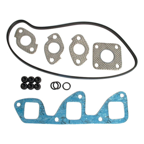 The Top Gasket Set by Sparex (Part No. S.71934) includes a blue gasket, metal gaskets with holes, black O-rings, and small black rubber seals, making it ideal for various applications.