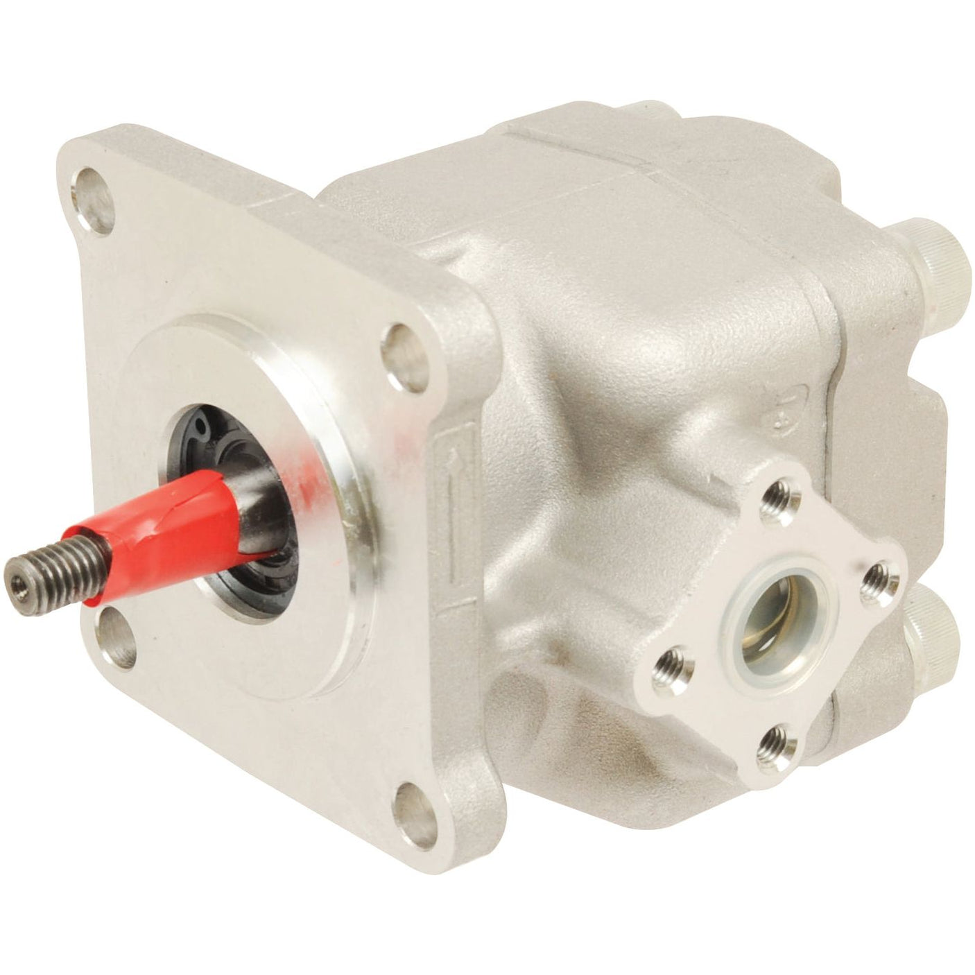 The Single Hydraulic Pump - S.71965 by Sparex is a metal hydraulic pump equipped with several ports and a red plastic cap protecting the shaft end, ensuring reliable performance.